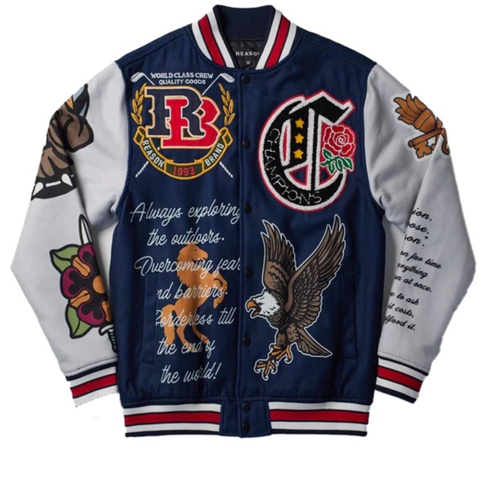 Reason Blue and White Bomber Varsity Jacket with Embroidered Details